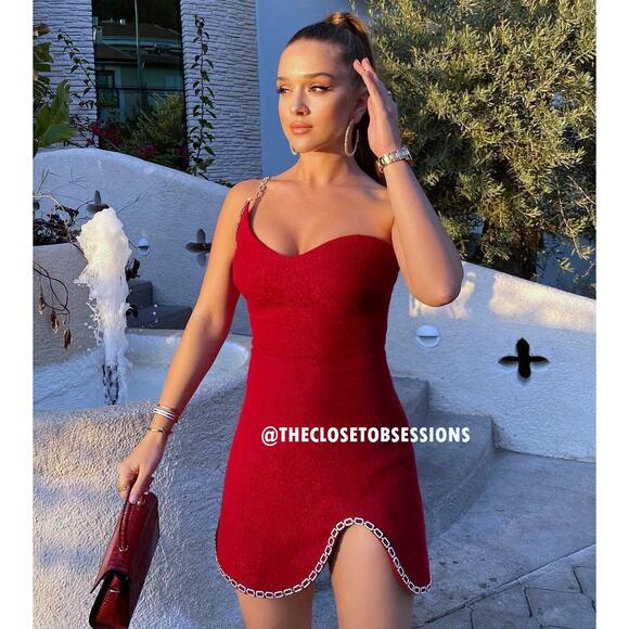 β€οΈβπ₯ ZARA Textured Mini Dress NWT | Asym Neckline Chain Strap Red S/M - Picture 3 of 16